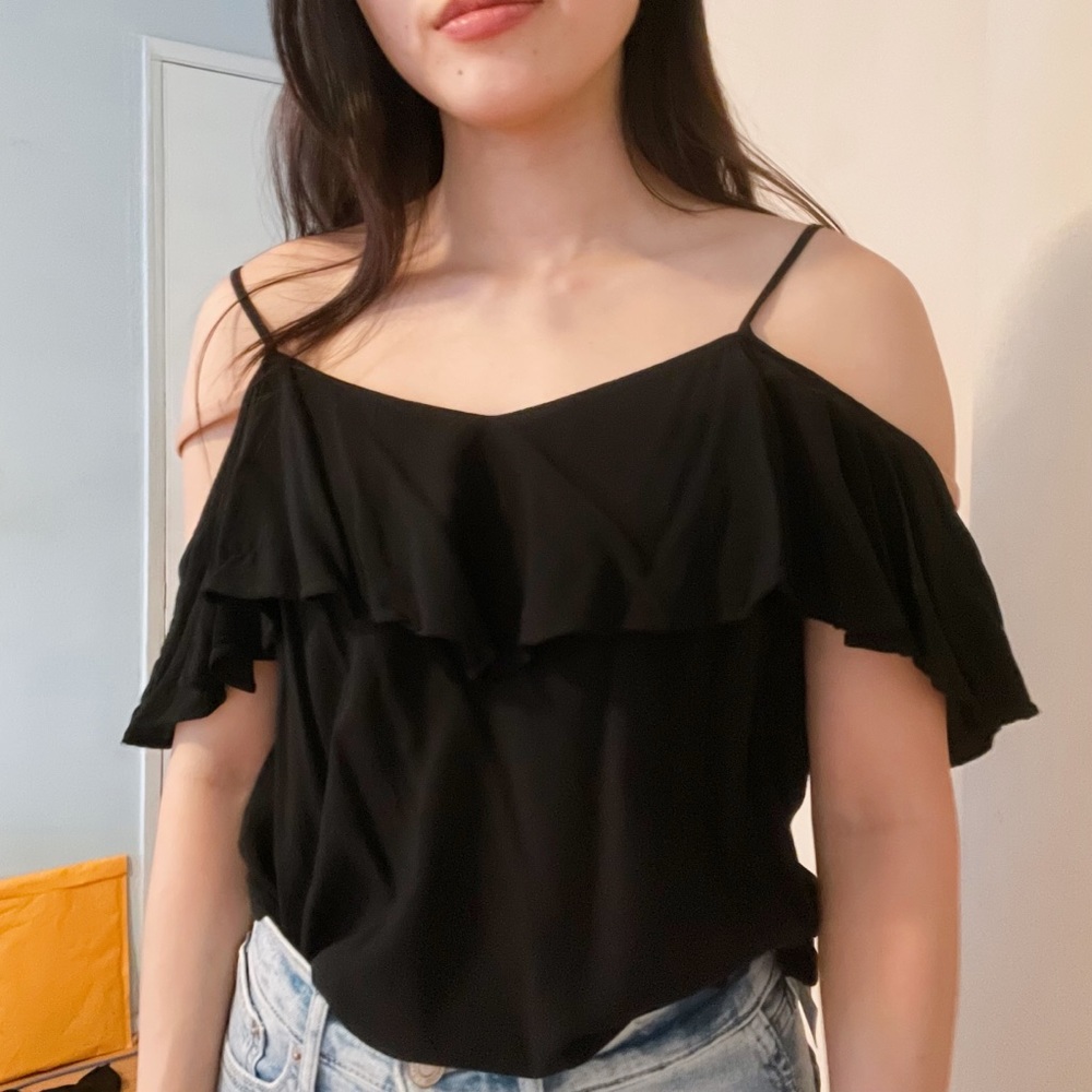 OLD NAVY Black Ruffle Off the Shoulder / Cold Shoulder Blouse